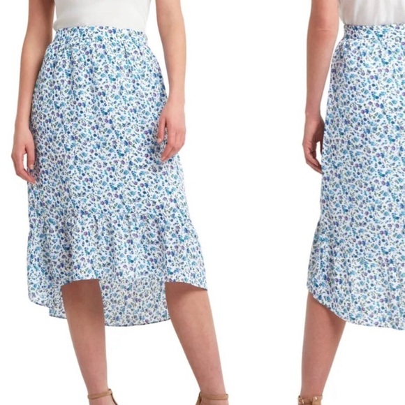 NWT! H Halston Ditsy Liberty Floral Blue & White Ruffle Hem Midi Slip Skirt - Picture 1 of 8